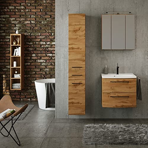 Lomadox Badezimmer Möbel Set Industrial Style 60 cm Waschtisch und Hochschrank in Wotan Eiche Nb. inkl. Waschbecken und Spiegelschrank, B/H/T: ca. 175/200/45 cm