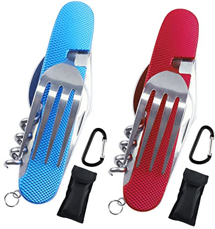 cersaty® Lot de 2 Couverts de Camping, Couverts Pliant 6 en 1 pour Voyage, Camping, Pique Nique (Couteau, Fourchette, Cuillère, Tire Bouchon, Perceuse, Couteau en Aluminium)