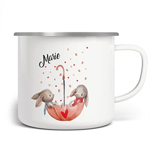 Mikalino Emaille Tasse Zwei süße Hasen im Regenschirm mit Wunschname personalisierte Kindertasse mit Namen bedruckt Emaille Becher Emailletasse Geschenk, Farbe:weisssilber, Grösse:300ml