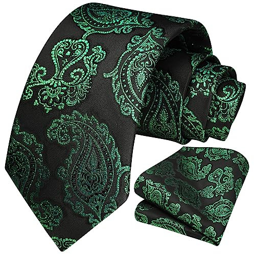 HISDERN Krawatte Herren mit Einstecktuch - Krawatten Extra Lange Grün & Schwarz Paisley Seide Hochzeit Krawatte und Taschentuch Set für Männer