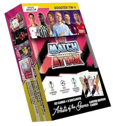Topps Match Attax 23/24 - Booster Tin 1 - Enthält 42 Match Attax Karten plus 2 exklusive Künstler des Spiels Limited Edition Karten