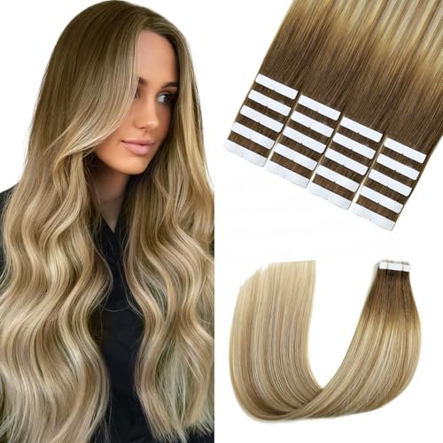 Sindra Tape in Extensions Echthaar Human Hair Walnuss Braun bis Ash Braun and Goldblond 20pcs 50g 45cm Seidig Gerade Invisible Remy Tape Extensions Echthaar T#3/8/22 18 Zoll