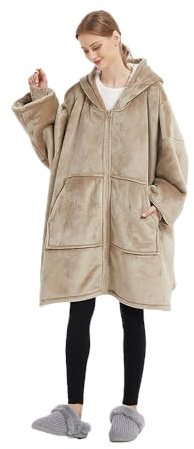 Sedefen Übergroße Hoodie Decke mit Ärmeln,Plüsch Flanell Fleece Oversized Hoodie Sweatshirt,Sherpa Kapuzenpullover mit Reißverschluss,Flauschig Sweatshirt Deck Für Damen Herren,Khaki
