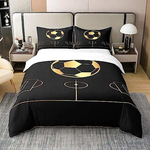 3D Golden Fußball Bettbezug 100% Baumwolle 135x200 ,Fußball Feld Sport Wettbewerbsspiele Tröster Abdeckung Reißverschluss Verschluss,Jungen Männer Ball Spiel Liebhaber Home Decor weiche Bettwäsche