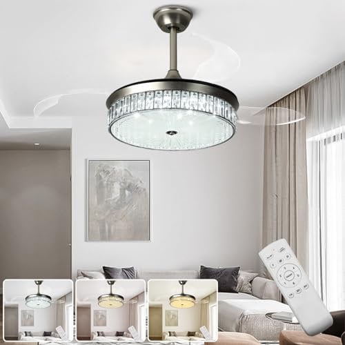 Depuley Retractable Crystal Ceiling Fans with Lights,42 Inch Modern Bladeless LED Ceiling Fan Lights with Remote,Smart Reversible Ceiling Fans with Lamps for Bedroom Living Room,3000K-6000K, Silver