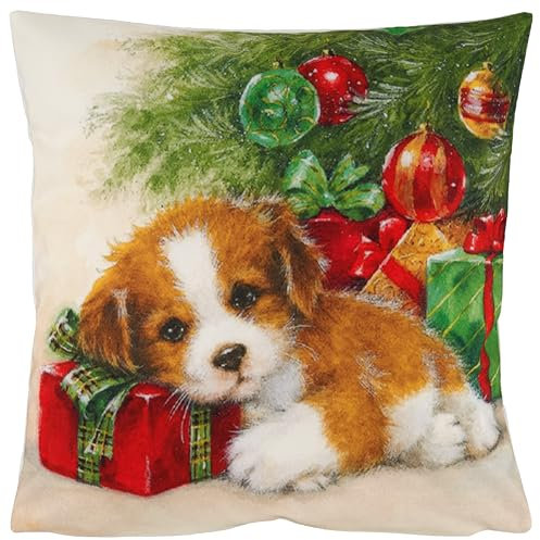 Espamira Kissenhülle Weihnachten 40x40 Hund Kissenbezug Dekokissen Advent Kissen Stoff Weich Bedruckt Eckig Reißverschluss 100% Polyester