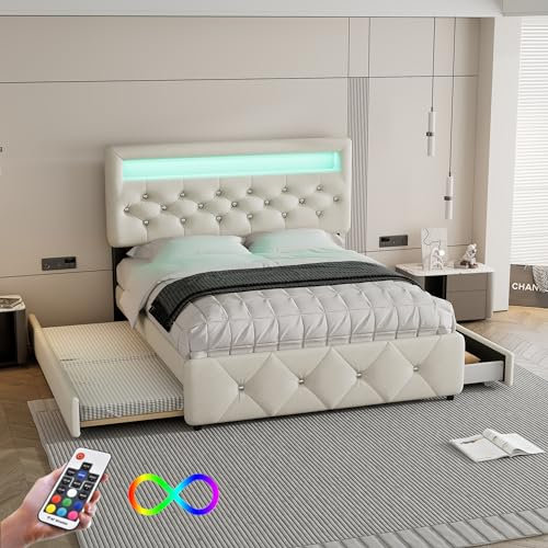 Polsterbett 140 x 200cm (90x200cm), Doppelbett aus Leinen mit ausziehbares Bett,Jungenbett mit 2 Schubladen,Verstellbares Kopfteil mit LED (Beige, 140 x 200cm(90 x 200cm))