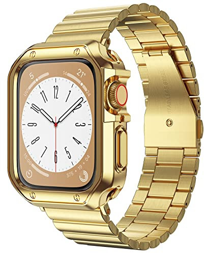 Compatible with Apple Watch Band and Case, Stainless Steel Metal Chain with TPU Cover, Smart-Watch Link Bracelet Strap, Wrist-Band for i-Watch Series 9 8 7 6 5 4 3 2 1 SE, 45mm 44mm 42mm, Gold