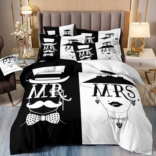 Freyamy Partner Bettwäsche 135x200cm 2teilig Schwarz Weiß Mr.&Mrs. 3D Bettwäsche für Paare 100% Mikrofaser Pärchen Bettwaren-Sets Liebhaber Bettbezug mit Reißverschluss und 1 Kissenbezug 80x80cm