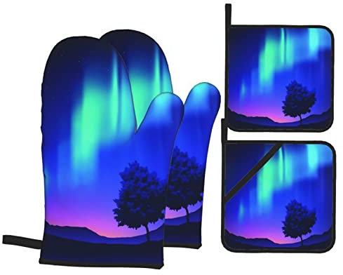 Juegos De Guantes De Horno El Norte con Un Árbol En La Región Ártica Impresión Mágica RARA del Cielo hacia Arriba Guantes De Horno Resistentes Al Calor Guantes De Cocina, para Barbacoas, Cocinar