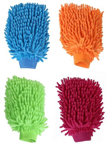 ZEACCT 4 Pieces of Car Washing Gloves, Car Cleaning Gloves, Microfiber Cleaning Gloves, Reusable for Car Cleaning and Home Cleaning (4 Colors)