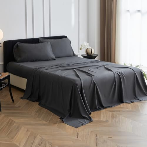 Simple&Opulence 100% Bamboo Viscose Set di Lenzuola,1 Lenzuolo Aderente,1 Lenzuolo Piatto con 2 Federe,4 Pezzi di Biancheria da Letto Morbida e Setosa per la Sudorazione Notturna (King,Dark Grey)