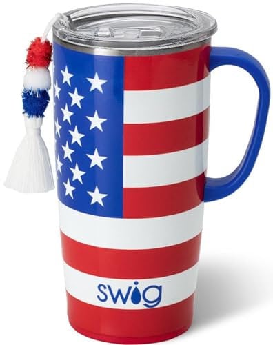 Swig Life 22oz Travel Mug, Insulated Tumbler with Handle and Lid, Cup Holder Friendly, Dishwasher Safe, Stainless Steel, Travel Coffee Cup, Insulated Mug with Lid (All American)