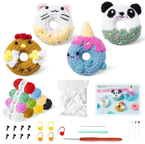 GROBRO7 Donut Tiere krative Häkelset - 20 Stück DIY Komplett Tiere Häckeln Stricken mit Häkelnadeln Garn, Anfänger Starter Kit mit Schritt-für-Schritt-Video-Anleitungen für Kinder Erwachsene Geschenk