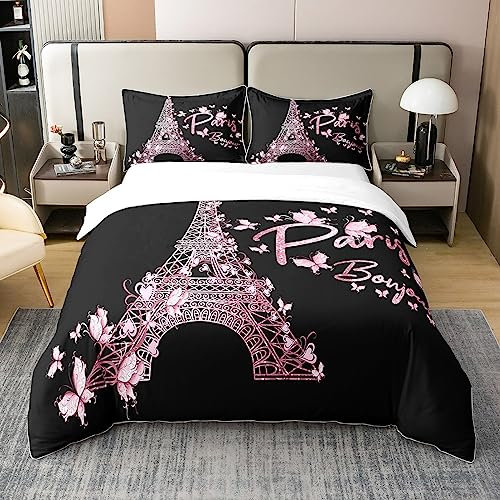 Homemissing Paris Tour Eiffel 100% Coton Housse de Couette 200x200cm Fille Rose pâle Parure de lit Enfants 100% Coton Garçon Fille Papillon célèbre Ville scène décor Ensemble de Literie Chambre