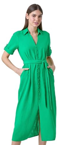 Roman Shirt Dress for Women UK Ladies Short Sleeve Sleeveless Belted Collared Midi Maxi Summer Spring Smart Casual Button Evening Office A Line Swing Skater - Plain Green - Size 18