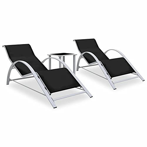 LAPOOH Sonnenliegen 2 STK. mit Tisch Aluminium Schwarz, Gartenliege, Liegestuhl, Sonnenstuhl, Sonneninsel Outdoor, Liegen, Gartenmöbel, Bäderliege, Relaxliege - 310534