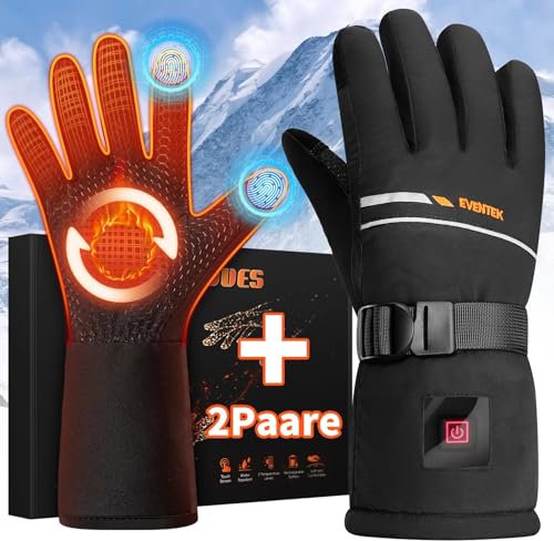 eventek Beheizbare Handschuhe Dünn und Dicke Winterhandschuhe,2 Paare,Kombinierte Handschuhe Beheizte Handschuhe Mit 7.4V 3200MAh*2,USB Touchscreen wasserdichte Heizhandschuhe für Skifahren,Fahrrad L