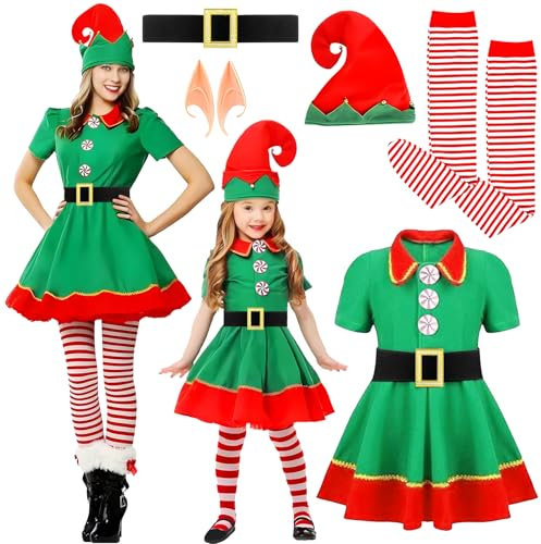 GreenYeah Weihnachtself Kostüm Set, Weihnachtself Kostüm Mädchen, Weihnachtswichtel Kostüm Kinder Mit Hut Gürtel Socken Elfenohren, Weihnachts Elfen Kostüm für Weihnachten Party (160)