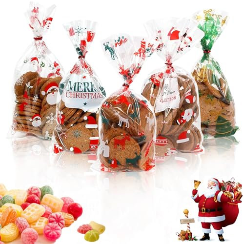 120 Stück Plätzchentüten, Kekstüten Weihnachten, Cellophantüten mit Twist, Nikolaus Tüten, Weihnachtstüten zum Befüllen, Süßigkeiten, Kekse
