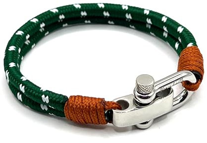Men's Nautical Bracelet with Stainless Steel Shackle - Double Rope Bracelet with Silver Bolt Clasp - Surfer Jewellery (Sea Green)