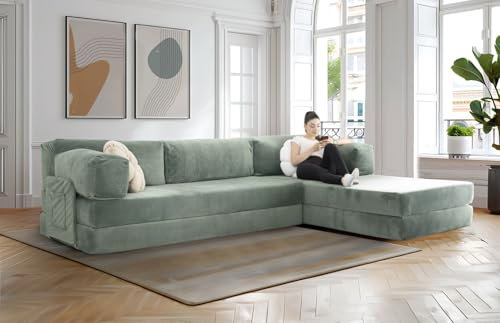 Generisch Wuuh Modulares Teddy Eck-Sofa mit Schlaffunktion, Samt und Cord, 200 cm x 400 cm x 18 cm, Grün