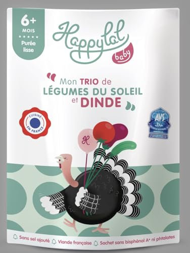 Happylal Baby Repas Halal Bébé 6 mois | Trio de Légumes du Soleil et Dinde | Petits pots Certifiés Halal | Diversification alimentaire bébé | Fabriqué en France | Lot 10 x 150g