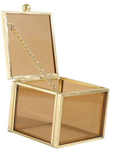 Warmhm Vintage Brass Square Glass Jewelry Box Storage Case Necklace Box Trinket Organizer Glass Jewelry Holder Lidded Storage Container