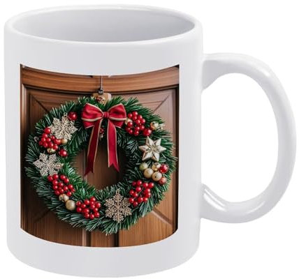 QWJKM Kaffeetassen mit Weihnachtskränzen am Eingang, moderne Keramik-Kaffeetassen mit Mustern, Porzellan, Teetassen mit großen Griffen, für Damen und Herren, spülmaschinen- und mikrowellengeeignet