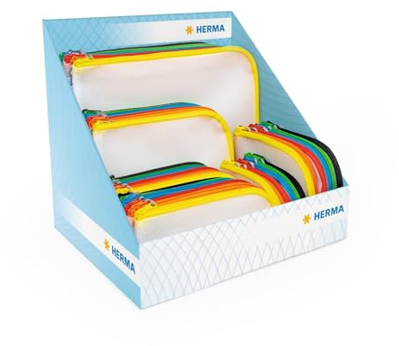 HERMA Dokumententasche mit Reißverschluss Set, 50 Stück, wasserdichte Reißverschlusstasche, verschließbare Dokumentenmappe aus Kunstoff mit Zipper, halb-transparent, 5 verschiedene Größen