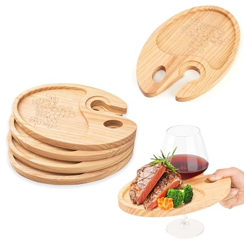 MGYHWJA 4 Pcs Wine Appetizer Plates, Wood Appetizer Plates with Wine Glass Holder, Mini Charcuterie Boards for Party, Cheese Board with Wine for Holder, Picnic, Birthday, Family Gatherings (4)