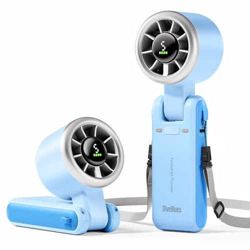 Diveblues Portable Handheld Fan, High-Speed Turbo Portable Fan, LED Display, Up to 12 Hours, 4000mAh Battery, 5 Wind Gear, Rechargeable small Hand Fan for Travel/Commute/Outdoor, Gifts for Women
