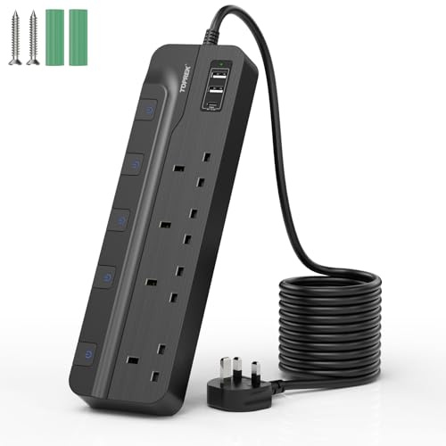 TOPREK 4 Plug Extension Lead with Ultra Wide Socket, Individual Switch 2 USB-A, 1 USB-C Extension Cable, 5m Extension Lead with USB Slots for Wall Mounting