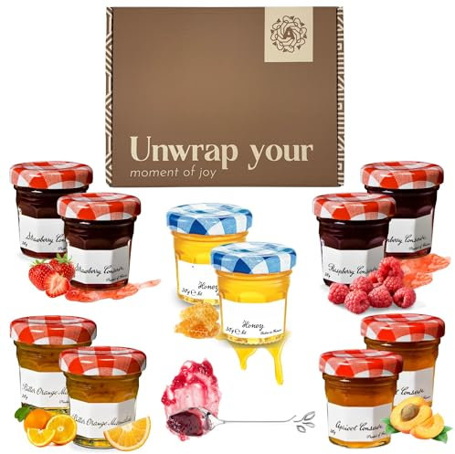 Jam Gift Set & Marmalade Hamper - Includes 10x Mini Jars of Strawberry, Raspberry, Apricot, Orange Marmalade, Honey & a Teaspoon. Elderly Gifts & Jam Selection Gift Set