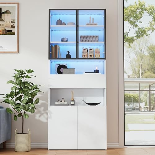 Wiuzo 70x30x200cm Vitrine,Vitrinenschränke Mit Schubladen und Schränken,Glasvitrine mit Glastüren und LED,Hochschrank mit Offene Speicherplattform,Standvitrine,Weiß