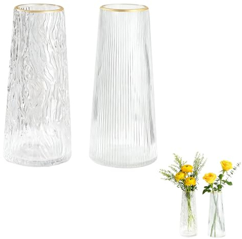 Große Vase, Blumen Vase - 2-TLG. Set， Goldrand Glasvase mit Vertikalen Streifen，Goldrand Glasvase mit Wasserwellenmuster, Dekorativ für Home，Wohnzimmer