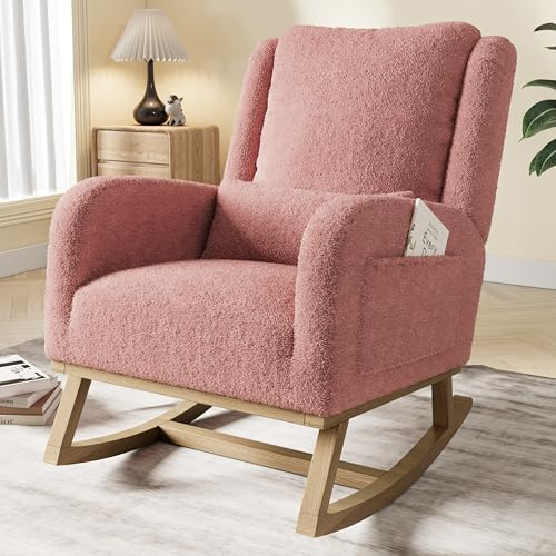 BHFFTHK - Sedia a dondolo, poltrona da allattamento, sedia a dondolo con cuscino lombare, poltrona imbottita in velluto teddy con gambe in legno e tasche laterali, per soggiorno, camera da letto
