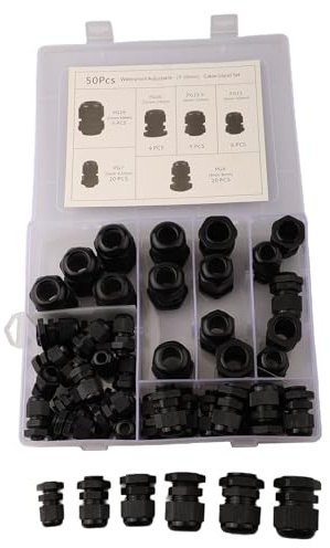 ZYNCUE 50-Pack Black Nylon IP68 Waterproof Cable Gland Kit with Locknut for 3-16mm Cables, PG7 PG9 PG11 PG135 PG16 PG19 Sizes