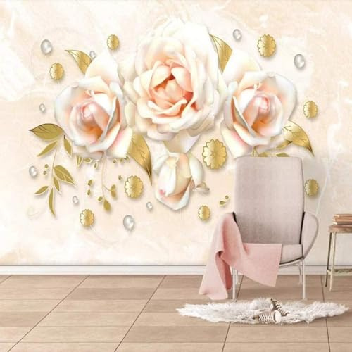 Tzxztt Rosa Rosen Perlen Gold Blätter 3D Tapete Hochwertige Strukturierte Seide Neutrale Material Ideal Für Wohnzimmer Schlafzimmer-150cm×105cm