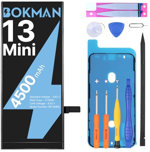 bokman Batteria per iPhone 13 Mini 4500mAh, Batteria Interna di Ricambio ad Alta Capacità con Kit di Riparazione, Strumenti e Strisce Adesive, Compatibile A2481 A2626 A2628 A2629 A2630