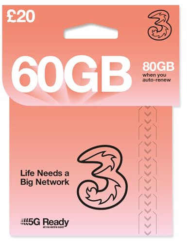 THREE 4G/5G SIM Card UK & ROAM FREE in over 70 destinations - PREPAID PAYG £20 Bundle - 150GB + (50GB FREE DATA) Unltd Texts & Mins - ROAMING ALLOWANCE 18GB