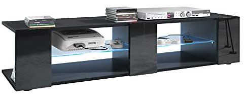 Vladon Lowboard Movie V2, TV-Kommode mit 6 offenen Fächern und Zierleisten, Schwarz matt/Schwarz Hochglanz, inkl. LED-Beleuchtung blau (134 x 29 x 39 cm)