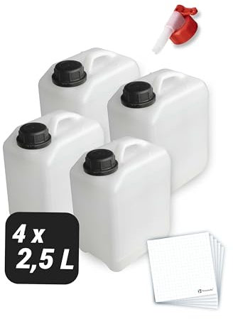 Trevendo 4er-Set Wasserkanister - Leerkanister - Kunststoffkanister (2,5 Liter, DIN 45, Ø35 mm) - lebensmittelecht & BPA-frei - inkl. 1 Auslaufhahn & Schraubverschlüsse & 5 Beschriftungsetiketten