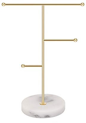 Jewelry Organizer,Metal T-Bar Necklace Display Stand Earrings Holder for Home, Hanging Pendant Rack with Marble Pattern Round Tray for Bracelets Rings Watches (A-Gold)