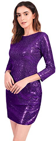IBAKOM - Vestito sexy da donna, con paillettes e glitter, a maniche lunghe, da sera, da cocktail Viola XL