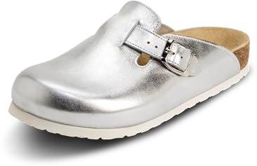 VITAFORM® Clogs Leder für Damen und Herren, Hausschuhe mit ultradämpfendem Fußbett, Sohle aus Naturkork, Arbeitsschuhe für Pflegeberufe, atmungsaktiv, Silber Größe 37
