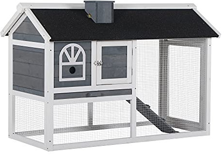 PawHut 2 Tiers Rabbit Hutch and Run Wooden Guinea Pig Hutch Outdoor with Sliding Tray, Ramp, Water-resistant Roof, for 2-4 Rabbits, Grey