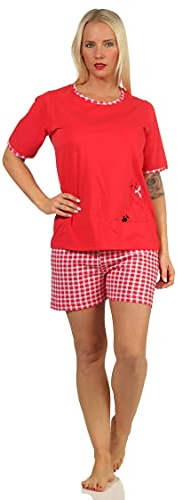 Damen Shorty Pyjama Schlafanzug Kurzarm mit süßem Katzen-Motiv - 66334, Farbe:rot, Größe:40-42