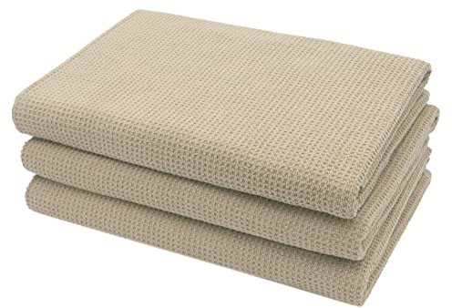 ZOLLNER 3er Set Duschtücher in 70x140 cm - langlebige Handtücher in beige - mit praktischem Aufhänger - Zeitloses Waffelmuster - waschbar bis 95°C - Baumwolle - Hotelqualität