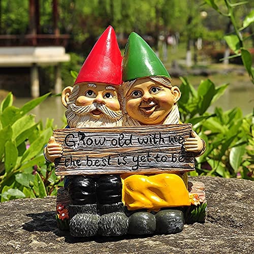 Abbcoert Gartenzwerge, Gartendekoration, Grow Old with Me, skurriler Herr und Mrs, Zwerg, Hobbit, Paar, sitzend auf Garten, Holzscheit, für Innen- und Außenbereich, Gartenstatuen, für Terrasse,
